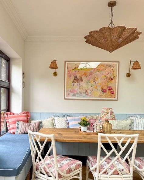 We love seeing our Vine Blots fabric in action. Pictured here in @claireakennedy’s dazzling dinner nook. Such a cozy corner with the ratan lights, art and frilly cushions working beautifully together. This is a renovation we love following 💕 Frilly Cushions, Dinner Nook, Corner Dining Nook, House Decor Items, Kitchen Dining Nook, Character Homes, Single Forever, Dream Dining Room, Eclectic Dining