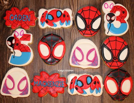 Spidey And His Amazing Friends Desserts, Spidey And His Amazing Friends Cupcake Cake, Spidey And His Amazing Friends Birthday Cupcakes, Spidey Birthday Cookies, Spidey And His Amazing Friends 3rd Birthday Party, Spidey And His Amazing Friends Birthday Cookies, Spidey And Friends Cookies Decorated, Spiderman And His Amazing Friends Birthday Party, Spidey And Friends Cupcakes