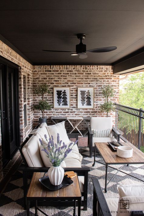 Modern French Country Balcony Makeover - Taryn Whiteaker Designs Dreamy Classroom, French Country Porch, French Country Patio, Country Porch Decor, Ceiling Styles, Brick Wall Decor, Balcony Makeover, Modern French Country, French Country House Plans