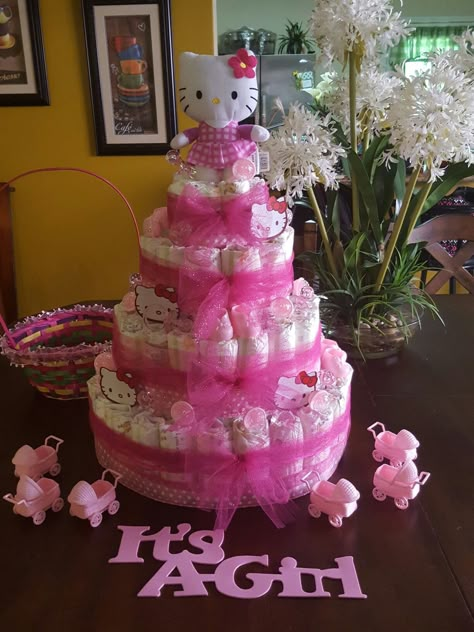 Baby diaper cake hello kitty Hello Kitty Diaper Cake, Hello Kitty Baby Shower Cake, Hello Kitty Gender Reveal, Hello Kitty Baby Shower Ideas, Hello Kitty Baby Stuff, Hello 15, Bby Shower Ideas, Cake Hello Kitty, Hello Kitty Baby Shower