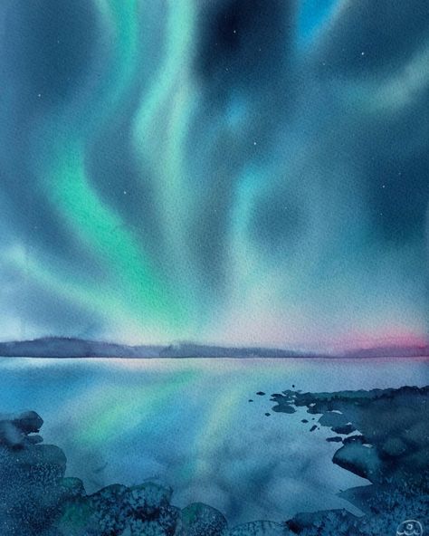 Abstract Watercolor Paintings Tutorials, Northern Lights Watercolor, Northern Lights Art, Watercolor Art Landscape, Northern Light, Marine Art, Watercolor Paintings Abstract, Watercolor Painting Techniques, Watercolor Paintings Tutorials