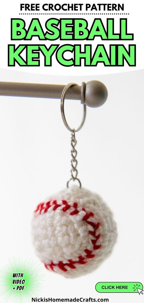 Step up to the plate with this free Crochet Baseball Keychain Pattern! Perfect for gifting, or just as a fun project, this DIY guide ensures everyone can hit a home run with their crafting skills. Follow along with our detailed video tutorial to create your very own handmade masterpieces. Who says you can't combine love for baseball and crochet? Get ready to 'stitch and pitch' your way through this exciting handcraft journey! Crochet Baseball Bat, Crochet Baseball Bat Free Pattern, Crochet Baseball Pattern, Softball Crochet Patterns Free, Baseball Crochet, Crochet Baseball, Baseball Crochet Pattern, Softball Crafts, Keychain Craft