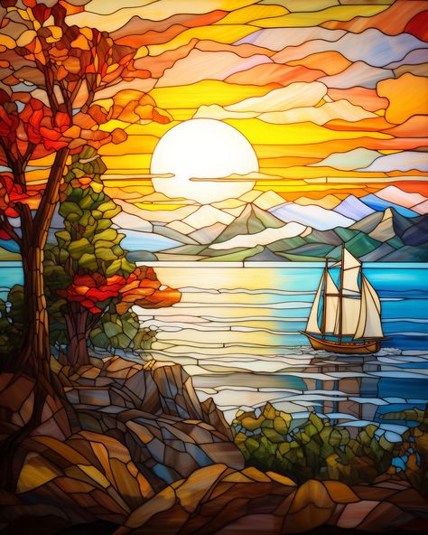 Spectacular Stained Glass Schooner Sunset Print - Nautical Art for Tranquil Home Decor Stained Glass Patterns Free Printables Templates Ocean, Stained Glass Beach Scenes, Nerdy Stained Glass Patterns, Stained Glass Landscape, Tranquil Home, Sunset Tattoos, Pool Stuff, Stained Glass Quilt, Stained Glass Patterns Free