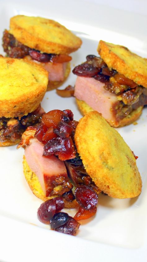 Cranberry Cornbread Ham Sliders (Holiday Leftovers) - 52 Holiday Appetizer Ideas... These are the BOMB of Holiday Leftovers. A little Cranberry Chutney (recipe included), A little Holiday Pistachio Ham (Recipe included) all on a WONDERFUL Best I ever had Cornbread Rosemary Muffin (Recipe included)... This is the stuff of miracles by the light of a refrigerator bulb... ENJOY! Cornbread Sliders, Thanksgiving Tapas, Cranberry Ham, Cornbread Appetizer, Holiday Appetizer Ideas, Cranberry Bbq Sauce, Cranberry Cornbread, Cranberry Chutney Recipe, Ranch Deviled Eggs