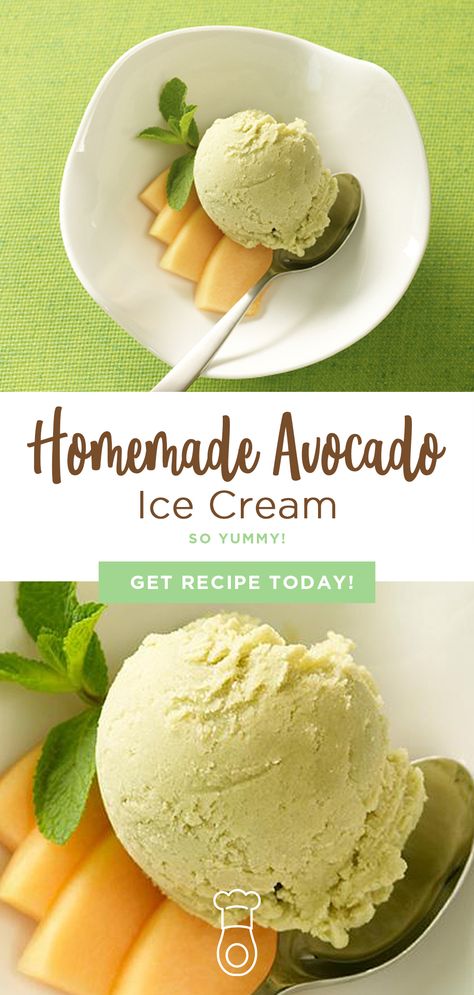 Whip up some of the coolest and creamiest ice cream around: Avocado Ice Cream. Fresh and rich, this homemade sweet treat can be served simply in a bowl for a summer BBQ or dressed up in martini glasses for a more sophisticated affair. Tip: Serve with fresh fruit and a sprig of mint for decoration, or try spreading the ice cream on cookies for avocado ice cream sandwiches. Yum! Try the recipe today! #LoveOneToday #Avocado #Recipes #IceCream #GlutenFree Avocado Treats, Avocado Ice Cream Recipe, Cold Snacks, Vegan Ice Cream Recipe, Avocado Dessert, Avocado Ice Cream, Creami Recipes, Gelato Recipe, Ice Cream Ice