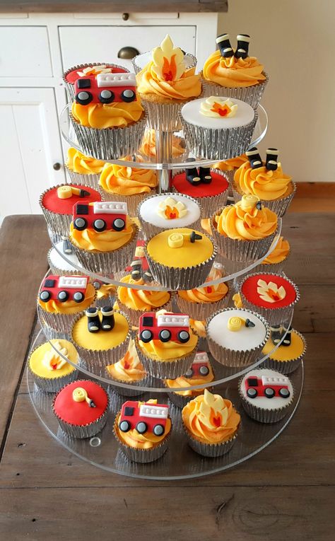 Fireman Cupcake Ideas, Fire Buds Birthday Cake, Fire Fighter Cupcake, Fire Fighter Theme Party, Firetruck Cupcakes Ideas, Fire Truck Cupcake Cake, Birthday Cake Fire Truck, Fire Engine Birthday Cake, Firefighter Cake Ideas