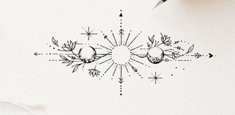 Celestial Lower Back Tattoo, Compass Sternum Tattoo, Celestial Chest Tattoo, Earthy Tramp Stamp, Delicate Sternum Tattoo Women, Moon Sternum Tattoo Women, Celestial Sternum Tattoo, Sun And Moon Chest Tattoo, Sun Underboob Tattoo