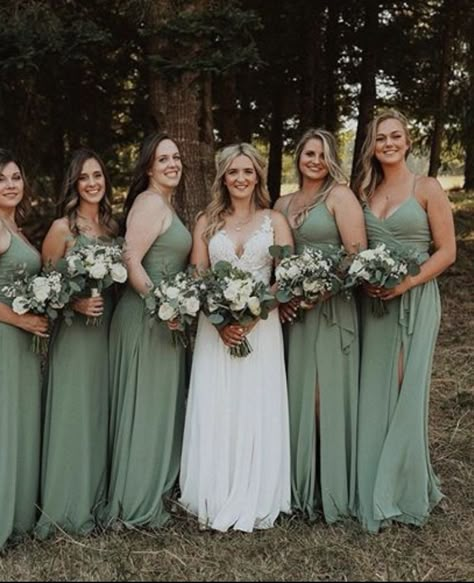 These are the exact Ivy dresses most bridemaids will be wearing. MOH might have a different slightly darker dress. But I agree I dont love all that eucalyptus poking out everywhere on the bouquets. These flowers are kinda lame. Lavender And Eucalyptus Bridesmaid Dresses, Green Maid Of Honor Dress, Dusty Sage Green Bridesmaid Dresses, Hippie Bridesmaid Dresses, Brides Maid Dresses Green, Sage Green Bridal Party, Sage Green Wedding Bridesmaid, Bridal Background, Sage Green Bridesmaid Dresses