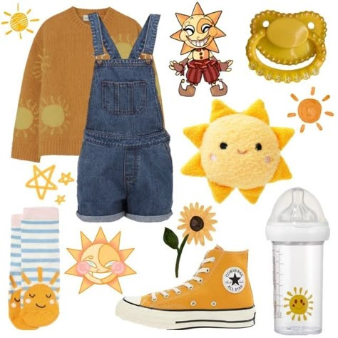 Sundrop Clothes, Sundrop And Moondrop Inspired Outfits, Kidcore Outfit Drawing, Moondrop Outfit Ideas, Moondrop Inspired Outfit, Sundrop Outfit Ideas, Sun And Moon Fnaf Inspired Outfits, Sundrop Inspired Outfit, Moondrop Outfit