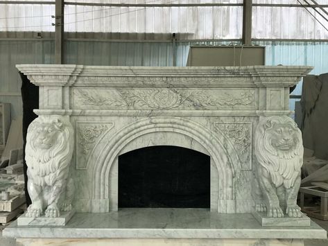 MONUMENTAL CARRRA ITALIAN MARBLE LION FIREPLACE MANTEL - CMF72 #Unbranded #Victorian Lion Fireplace, Marble Fireplace Mantel, Mexico House, Marble Fireplace, Marble Fireplaces, Italian Marble, Game Room Design, Beautiful House, Fireplace Mantel