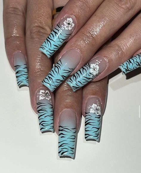 nails by: @nailedbyyans (on IG) Blue Tiger Print Nails, Tiger Design Nails, Blue Tiger Nails, Light Blue Y2k Nails, Zebra Print Nails Y2k, Teal Leopard Nails, Blue Zebra Nails, Tiger Stripe Nails, Zebra Print Nails