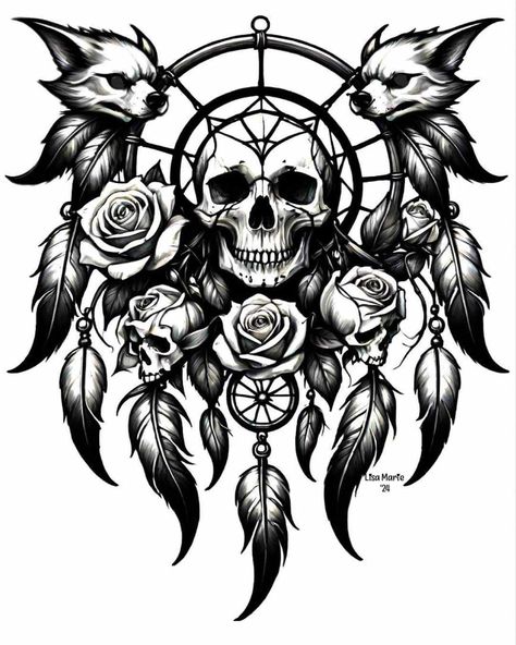 Skull Dreamcatcher Tattoo, Dream Catcher Skull Tattoo, Dreamcatcher With Roses Tattoo, Moon Flower Dream Catcher Tattoo, Owl Dream Catcher Tattoo Design, Dream Catcher Drawing, Dream Catcher Mandala, Anime Mermaid, Scary Drawings