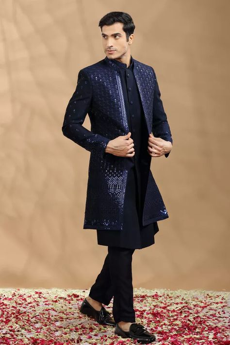 Men Royal Tuxedo Most Trendy https://youtu.be/gahLGI2wrpg Sangeet Sherwani For Groom, Blue Sangeet Outfit For Groom, Sangeet Mens Outfit, Sangeet Groom Outfit Indian Weddings, Groom Outfit For Reception, Indo Western Suits For Men, Groom Outfit For Sangeet, Outfits For Sangeet Indian Weddings, Engagement Look For Groom