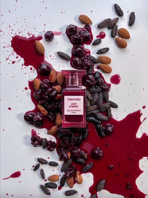 Tom Ford Lost Cherry, Ingredients Photography, Tom Ford Fragrance, Lost Cherry, Tom Ford Perfume, Fragrance Photography, Perfume Bottle Design, Perfume Photography, Fragrance Samples