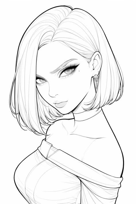 Square Face Drawing Reference, Female Art Reference Drawing, Sharp Bob Haircut, Aesthetic Coloring Pages For Teens, Bob Drawing, Striking Eyes, Shoulder Outfit, Women Line Art, Coloring Pages For Teens