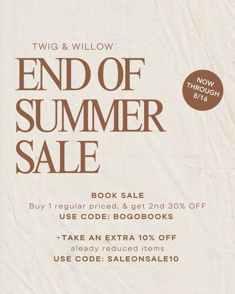 Take advantage of our weekend sale 🎉 BOOK SALE 📚 Buy 1 regular priced, & get 2nd 30% OFF CODE: BOGOBOOKS 👗 SALE ON SALE Take an extra 10% off! CODE: SALEONSALE10 Happy shopping!! #twigandwillow #promo #weekend #sale #saleonsale #bookpromo #bookbogo #bogo #longbeach #bixbyknolls #shoplocal #shopsmall #newarrivals #fallfashion #summerfashion Promo Weekend, Weekend Sale, Book Sale, Small Shop, Buy 1, Summer Sale, Happy Shopping, On Sale, Coding