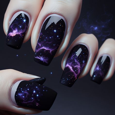 Black And Purple Galaxy Nails, Galaxy Nails Designs, Gothic Nails Acrylic, Purple Galaxy Nails, Black Star Nails, Galaxy Nail Designs, Nail Art Galaxy, Space Nail Art, Black And Purple Nails