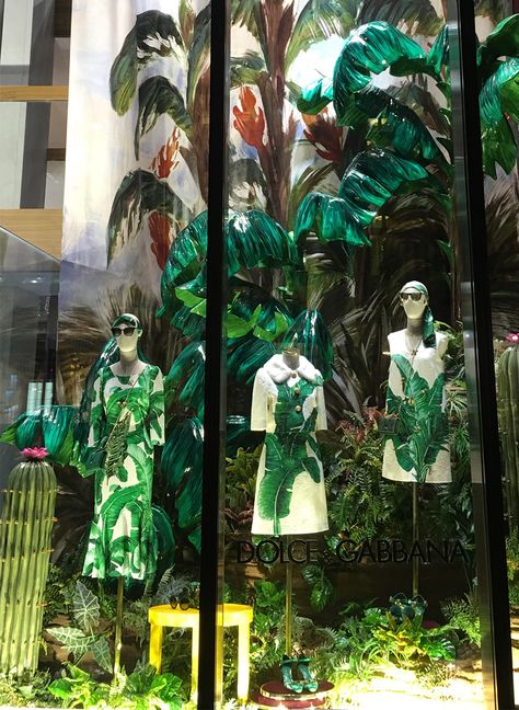 DOLCE&GABANNA, Fifth Ave., New York, "Luxury Camouflage in The Palm Forest", photo by Stylecurated, pinned by Ton van der Veer Tropical Windows, Fashion Window Display, New York Luxury, Jungle Decorations, Display Retail, Window Display Retail, Windows Display, Text On Photo, Blue Marble