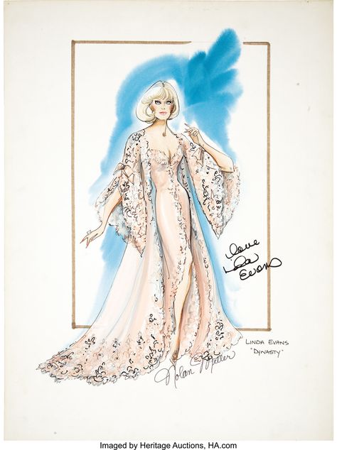 Hollywood Illustration, Linda Evans Dynasty, Edith Head Sketches, Dynasty Tv Show, John Forsythe, Costume Illustration, Dynasty Fashion, Costume Sketches, Costume Design Sketch