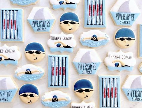 Swimming Cupcakes, Swimming Cake, Team Dinner, Team Theme, Parent Night, Team Activities, Iced Sugar Cookies, Swim Gifts, Cookie Business