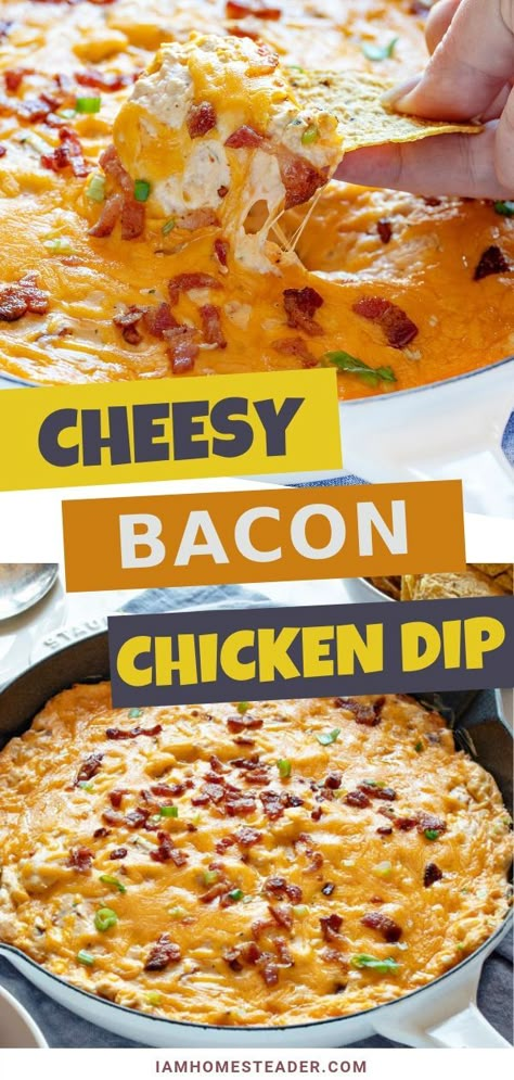 Cheesy Bacon Chicken Dip is an amazing combination of juicy shredded chicken, crispy bacon, melty cheese, all in a creamy ranch base that will have you addicted in no time flat. If you are a fan of dips, you'll surely love this recipe. Juicy Shredded Chicken, Cheesy Bacon Chicken, Cheese All, Chicken Dip Recipe, Chicken Crispy, Creamy Ranch, Bacon Chicken, Bacon Appetizers, Chicken Appetizers