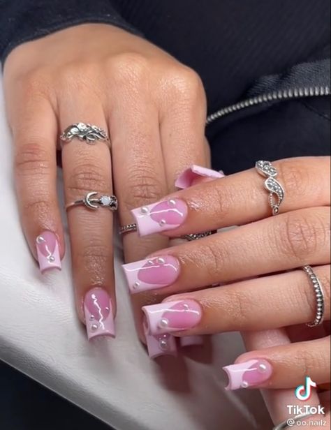 Pink And Silver Birthday Outfit, Short Pink French Tip Acrylic Nails, Short Pink Nails With Rhinestones, Pink French Tip Short Nails, Cute Short Nail Sets Pink, Pink Base French Nails, Small French Tip Nails, Short Nails Birthday, Short Pink Nail Designs