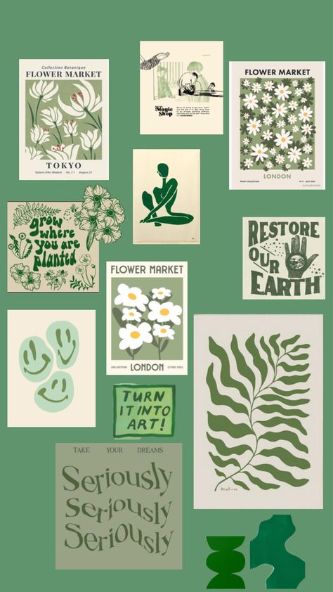 Aesthetic Bedroom Posters, Aesthetic Poster Ideas, Sage Green Wall Collage, Wall Collage Bedroom, Green Wall Collage, Collage Bedroom, Calligraphy Name Art, Candy Bar Poster, Science Lab Decorations