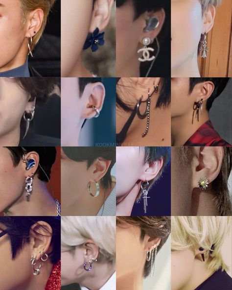 Jungkook Earrings, Jimin Earrings, Bts Hairstyle, Earring Inspo, Blackpink And Bts, Jung Kook, Black Outfit, Punk Fashion, Kpop Idols