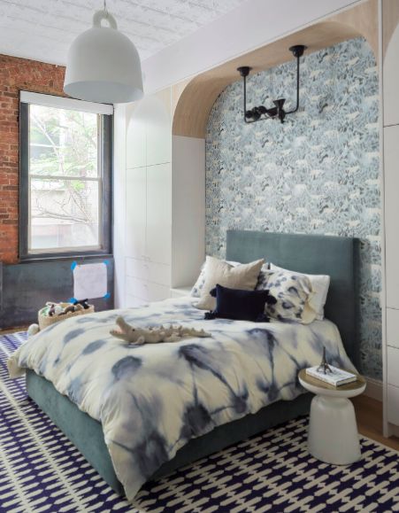 Bed Niche, Dark Gray Bed, Tribeca Loft, Blue And White Wallpaper, School Interior, Loft Studio, San Pellegrino, Loft Spaces, Grey Bedding