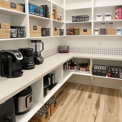 Coffee Station Inside Pantry, Walk In Pantry Coffee Station, Pantry Coffee Station, Pull Put Pantry Shelves, Pantry With Counter, Can Storage Pantry Pull Out, Pantry Cupboard Design Pull Out Shelves, Sculary Ideas Walk In Pantry, Lakehouse Kitchen Ideas