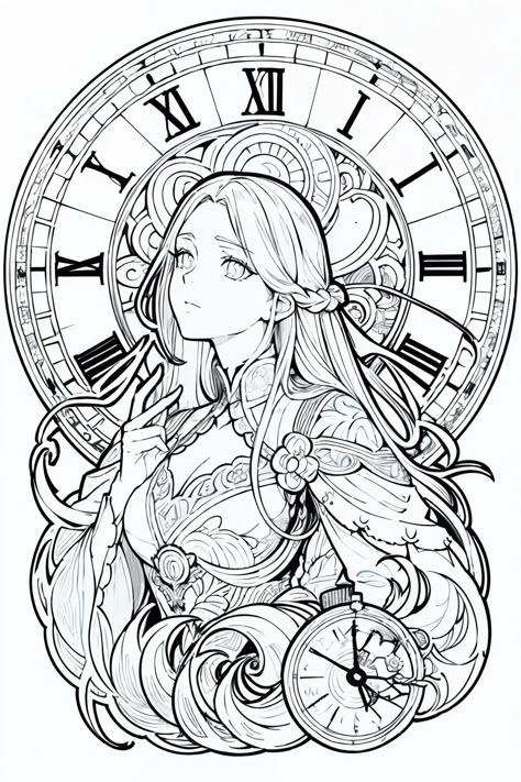 Anime Line Art Coloring Pages, Digital Art Coloring Pages, Anime Art Nouveau, Art Nouveau Black And White, Black And White Fantasy Art, Fantasy Line Art, Draft Drawing, Art Nouveau Hair, Art Nouveau Mucha