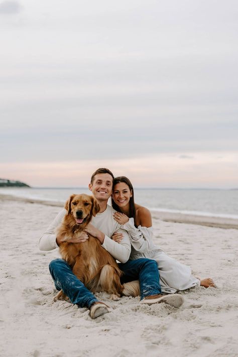 Engagement Pictures Ideas Beach, Dog Beach Wedding, Dogs Engagement Pictures, Couple Beach Pictures With Dogs, Cute Pictures With Your Dog, Couples Photos With Dogs Beach, Couple And Two Dogs Pictures, Couple And Dog Beach Photos, Engagement Photoshoot Ideas Beach With Dog