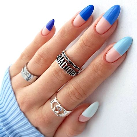 Multi-shaded blue nails. Manicured Nails, Wedding Nail Art Design, Nagellack Trends, Minimal Nails, Blue Nail Designs, Nails 2021, Minimalist Nails, Funky Nails, Nail Designs Summer