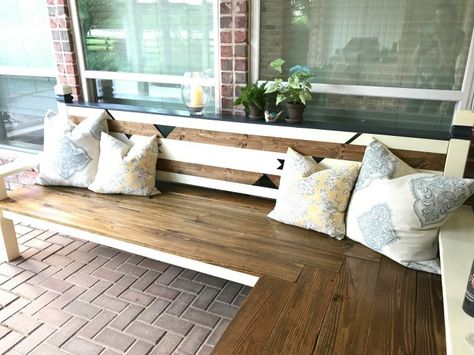 How I built my L-shaped DIY Outdoor Bench for $130, awarded 2nd place in the IG Builders Challenge, season 3 Outdoor Corner Bench, Backyard Bench, Diy Outdoor Bench, Wood Bench Plans, L Shaped Bench, Diy Bank, Bench Garden, Diy Wood Bench, Outdoor Storage Bench