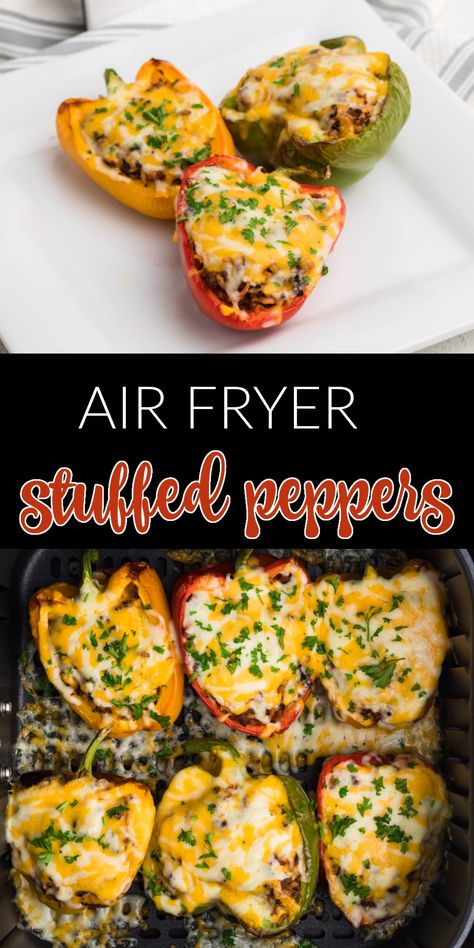 Air Fryer Stuffed Peppers are a delicious and easy appetizer or light lunch or dinner. Made with fresh bell peppers, lean ground beef, colby jack cheese, rice, seasonings, and topped with fresh parsley. You'll love the amazing blend of flavors and this quick and easy air fryer recipe. Air Fryer Recipes With Ground Beef, Fresh And Lean Recipes, Air Fryer Recipes Healthy Dinners Beef, Stuffed Bell Peppers In Air Fryer, Easy Weeknight Dinners Healthy Air Fryer, Air Fry Stuffed Bell Peppers, Stuffed Peppers Air Fryer Recipes, Air Fryer Lunches, Cheap Healthy Air Fryer Meals