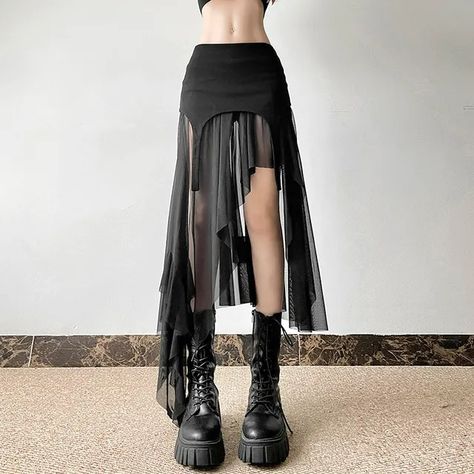 Sugarcoat - Mid Rise Plain Asymmetrical Panel Mesh A-Line Skirt | YesStyle Goth Party Outfit, Unique Skirt, Punk Skirt, Goth Streetwear, Staff Party, Estilo Harajuku, Unique Skirts, Y2k Skirt, Mid Skirt