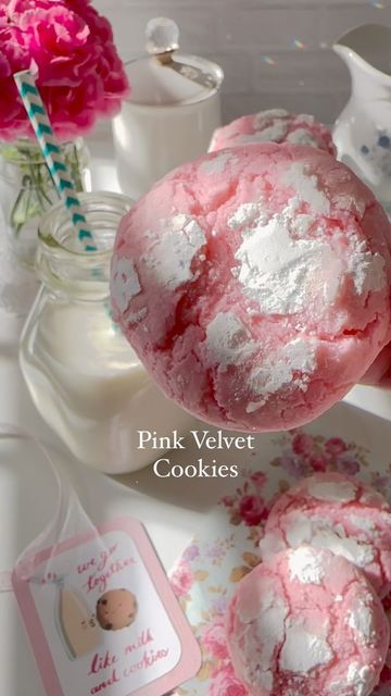 Pink Baking Ideas, Pink Brownies, Pink Velvet Cookies, Brownie Mischief, Velvet Cookies, Homemade Cookbook, Pink Cookies, Pink Gel, Cute Baking