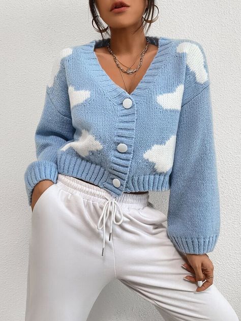 Clouds Crochet Sweater, Jaket Crochet, Drop Shoulder Cardigan, Clouds Pattern, Cropped Cardigan Sweater, Legging Sport, Button Sweater, Puff Sleeve Dresses, Self Design