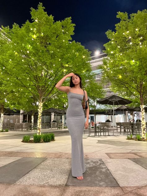 Gray Slim Dress, Bodycon Maxi Dress Poses, Bodycon Maxi Dress Poses Instagram, Skims Long Dress Styled, Grey Skims Dress Long Sleeve, Dresses Poses, Grey Long Dress, 20th Bday, Fit Checks