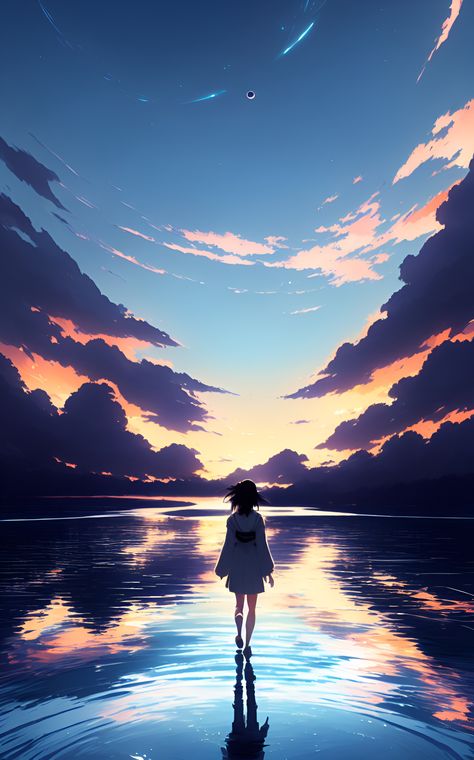 Sunrise Anime Wallpaper, Anime Sunset Aesthetic Wallpaper, Anime Sunrise Aesthetic, Anime Water Background, Anime Water Wallpaper, Water Reflection Drawing, Solas Wallpaper, Sky Reflection On Water, Ethereal Sunset