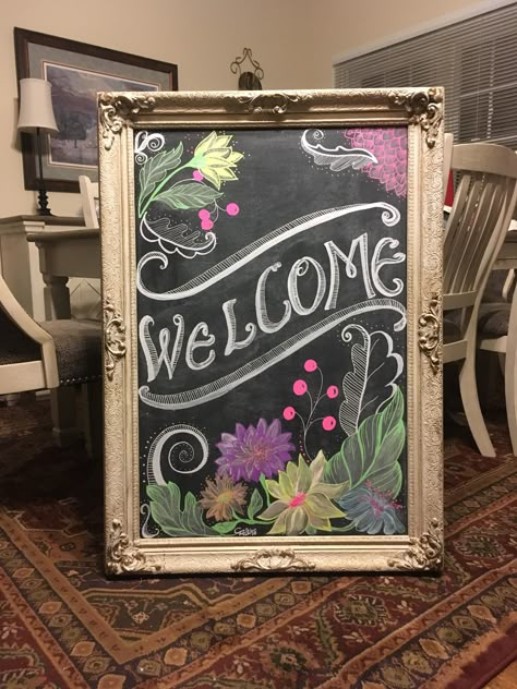 A chalkboard welcome sign I recently did for an event Chalk Art Welcome Sign, Vintage Chalkboard Art, Chalkboard Art Colorful, Welcome Blackboard Ideas, Thank You Chalkboard Sign, Chalk Boarder Designs Spring, Small Chalkboard Ideas, May Chalkboard Ideas, Welcome Chalkboard Art