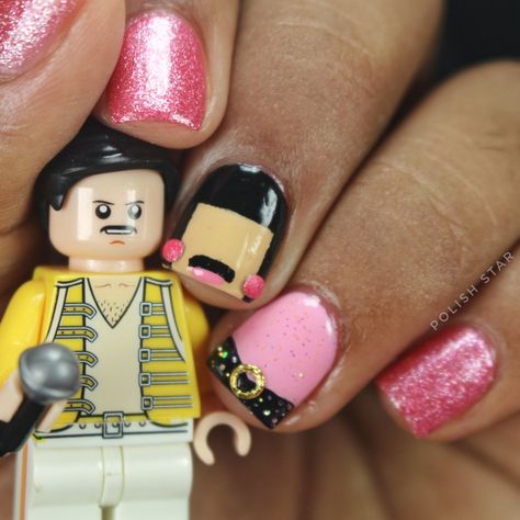 My this nail art is inspired from Freddie Mercury's "I Want To Break Free" song. This nail art is also inspired from @queenexperiencesk Freddie Mercury Nail Art.   Her insta: https://www.instagram.com/queenexperiencesk/?hl=en Make sure to follow her on Instagram.   It's Freddie's (Farrokh Bulsara, born in 1946 in Zanzibar to Parsi-Indian parents) birthday on 5th September. So, it's a small tribute to him. Queen Inspired Nails Band, Queen Nails Band, Freddie Mercury Nails, Queen Band Nails, Queen Nail Art, Rock Nail Art, Inspi Makeup, I Want To Break Free, Rock Nails