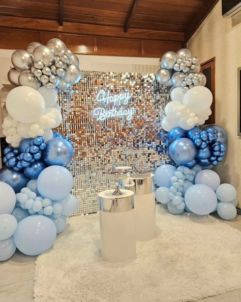 Light Blue 15 Decorations, Sky Blue Birthday Theme, Denim And Disco Theme, Light Blue Birthday Party Decorations, Blue And Silver Sweet 16, Sweet 16 Party Ideas Blue, Blue And Silver Birthday Decorations, Ice Theme Party, Sweet 16 Decorations Ideas