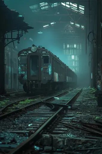 ↑↑�↑ Larger size on website 🔸 A train sits on the tracks inside a dilapidated train station. The atmosphere is gloomy and shrouded 🔸 From Midjourney AI Image Abandoned Train Aesthetic, Serpentine Aesthetic, Sci Fi Train, Abandoned Subway Station, Abandoned Train Tracks, Lamb Aesthetic, Train Station Aesthetic, Railroad Track Pictures, Train Yard