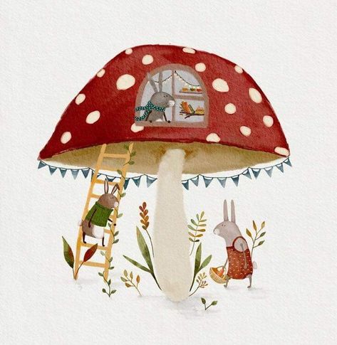 Animals With Mushrooms, Children Books Illustrations, Watercolor Kids Illustration, Cute Mushroom Painting, Painting For Baby Room, Paintings For Kids Room, Cute Mushroom Art, Kids Illustration Art, Painting For Kids Room