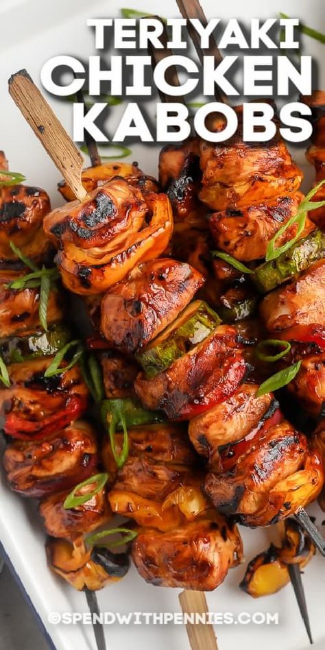 These teriyaki chicken kabobs are an easy way to impress your guests. The marinade makes the meat taste so delicious & tender and the veggies make this dish so colorful. #spendwithpennies #teriyakichickenkabobs #maindish #recipes #ovenbaked #kikkoman #skewers #withpineapple #vegetable #marinade #onthegrill Shishkabob Chicken Marinade, Shiskabob Recipes Marinade, Shicabob Ideas, Sheet Pan Chicken Kabobs In The Oven, Teriyaki Chicken Kabobs On The Grill, Chicken Kebab Marinade, Chicken Kebabs On The Grill, Chicken Shish Kabobs Marinade, Chicken Kabobs On The Grill