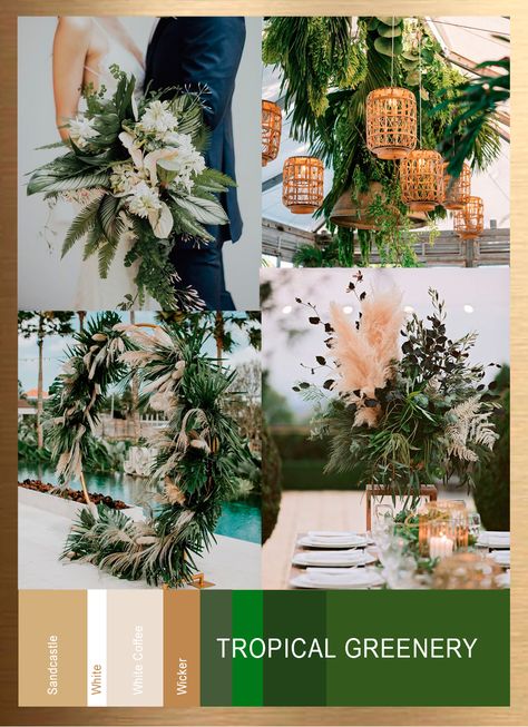 Bali Inspired Wedding, Tropical Wedding Color Palette, Fort Wedding, Green Wedding Palette, Cost Rica, Western Weddings, Tropical Wedding Theme, Hawaii Beach Wedding, Kauai Wedding