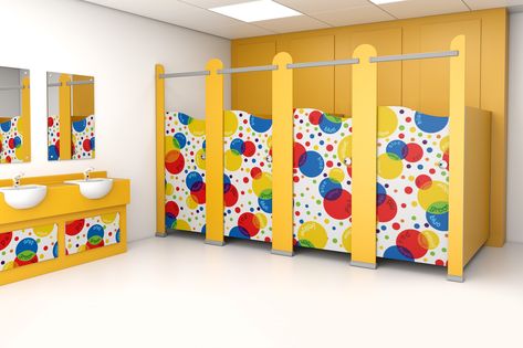 Kids Washroom Ideas, Colourful Washroom, Kids Washroom, Kids Garden Play Area, Washroom Ideas, School Restroom, Kindergarten Interior, Preschool Designs, Classroom Interior