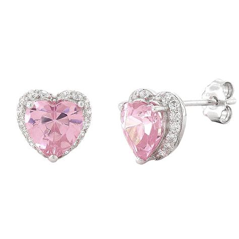 Height: 8.65mm  Width: 8.65mm  Thickness: 4.4mm   Stone material: pink cubic zirconia  Center stone size: 7mm  Stone shape: heart shape (center) & round  Center stone carat weight: 1.71 ct  Total number of CZ stones: 34  Stone setting: basket setting   Metal: 925 sterling silver  Plating: Rhodium plated  Finish: high polish Julien Tanti, Mode Zara, Golden Trio, Cz Earrings, Pink Earrings, Girly Jewelry, Dream Jewelry, Sterling Silver Heart, Pretty Jewellery