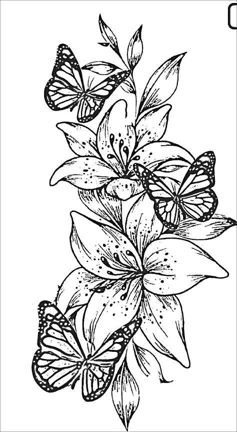 Tattoo Ideas Foram, Women Sleeve Tattoo Drawing, Flower Sleeve Forearm, Drawn Out Tattoo Ideas, Wild Flower Tattoo Thigh, Women’s Arm Sleeve Tattoo Ideas, Lilly And Butterfly Tattoo Ideas, Tattoo Butterfly With Flower, Medium Leg Tattoos Women